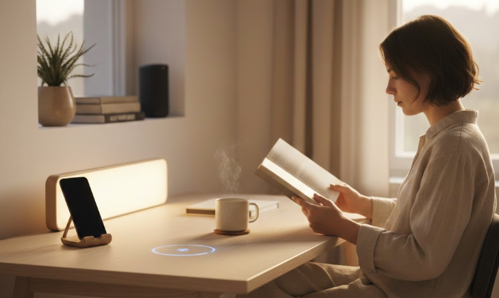 Una mujer joven sentada en un escritorio minimalista de madera, leyendo un libro en un ambiente de calma y concentración. La escena muestra tecnología integrada de forma discreta con una lámpara de luz cálida, una taza de café humeante y un smartphone en un soporte de madera, representando el concepto de Modo Monje y bienestar digital de Ekoops.